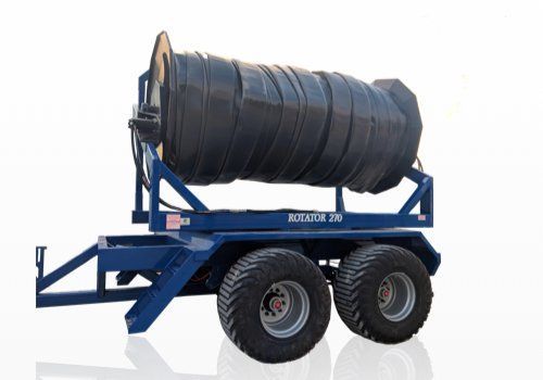 Blue towable water tank trailer with black cylindrical tank and dual wheels