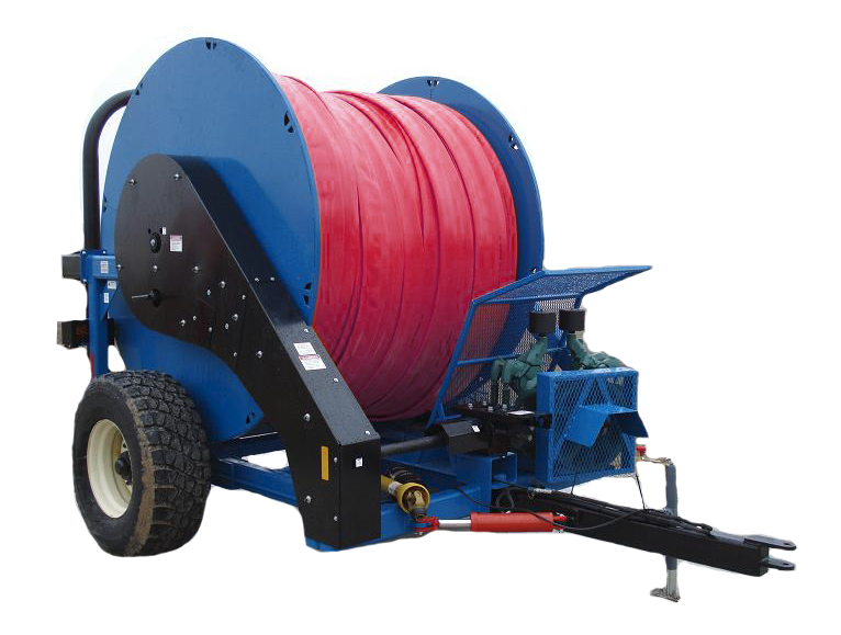 Blue agricultural reel trailer with a large red hose spool and tow hitch