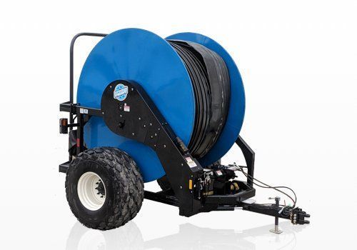 Portable black hose reel trailer with large blue spool and rugged wheels