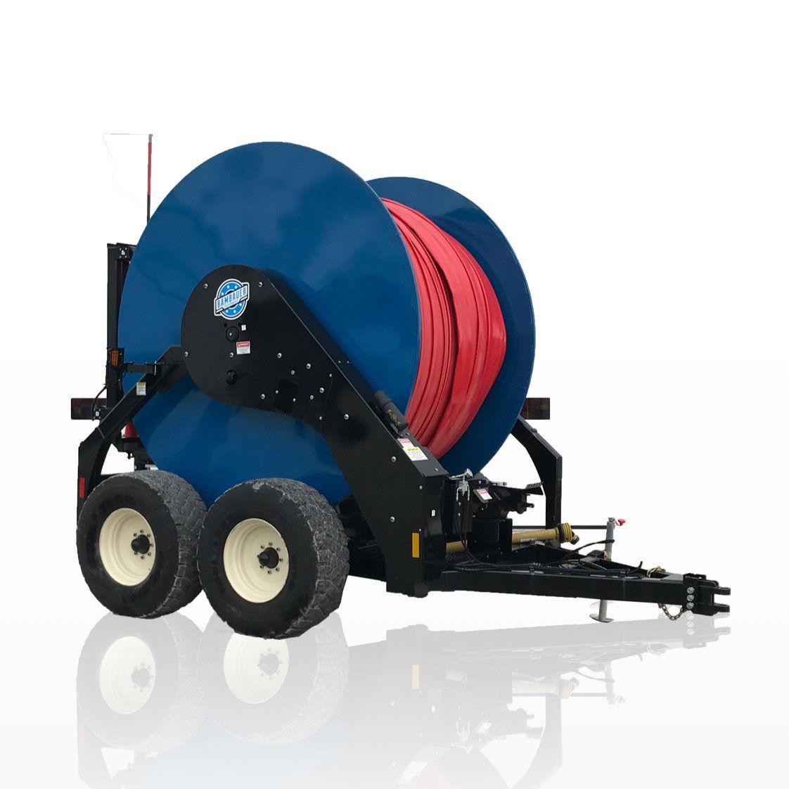Blue hose reel trailer with red hose, black frame, and two large wheels