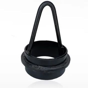 Black rubber toilet flapper with a loop handle and round base on a white background