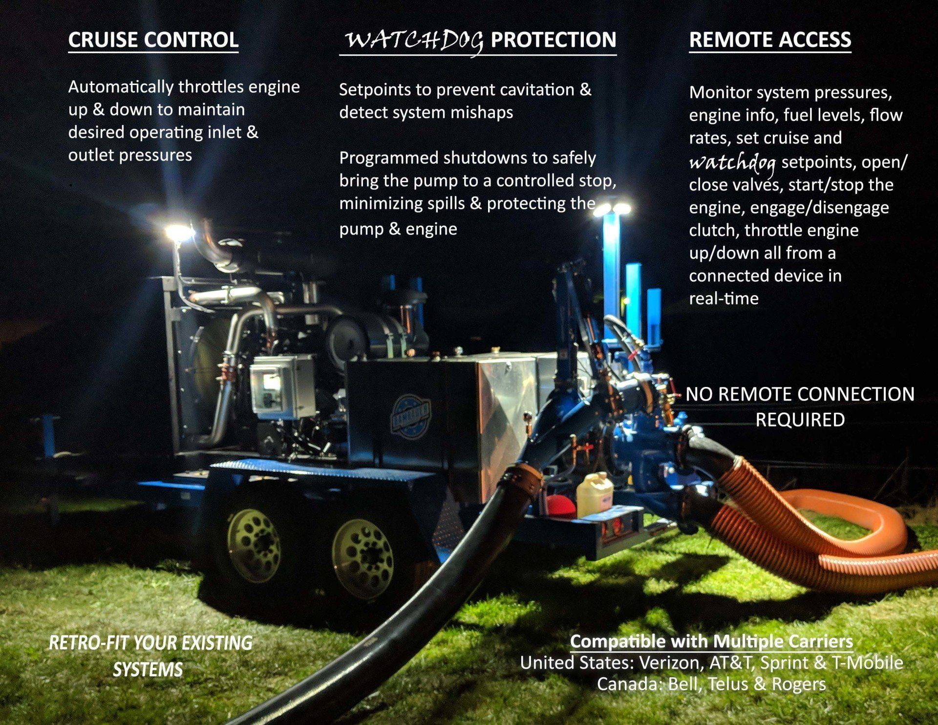 Blue-lit industrial vehicle with hose, control panel in a dark field. Cruise control, trailing protection, remote access.