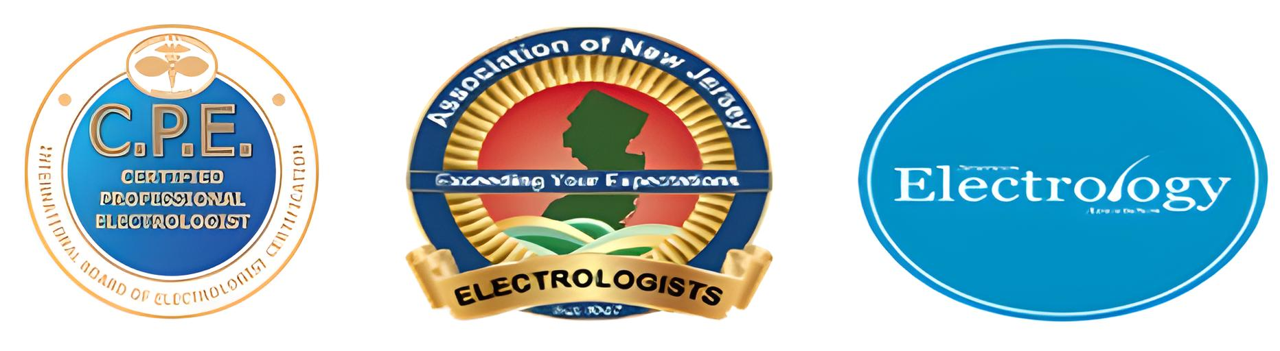 Three logos on a white background that say, certified professional electrolysis, electrologists association of new jersey, and american electrology association