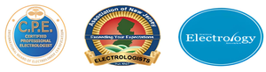 Three logos on a white background that say, certified professional electrolysis, electrologists association of new jersey, and american electrology association