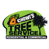 Logo for Chowi’s Tree Service with an orange chainsaw, a black tree silhouette, and green background, on white background.