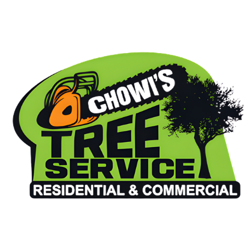 Logo for Chowi&rsquo;s Tree Service with an orange chainsaw, a black tree silhouette, and green background, on white background.