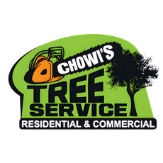 Logo for Chowi’s Tree Service with an orange chainsaw, a black tree silhouette, and green background, on white background.