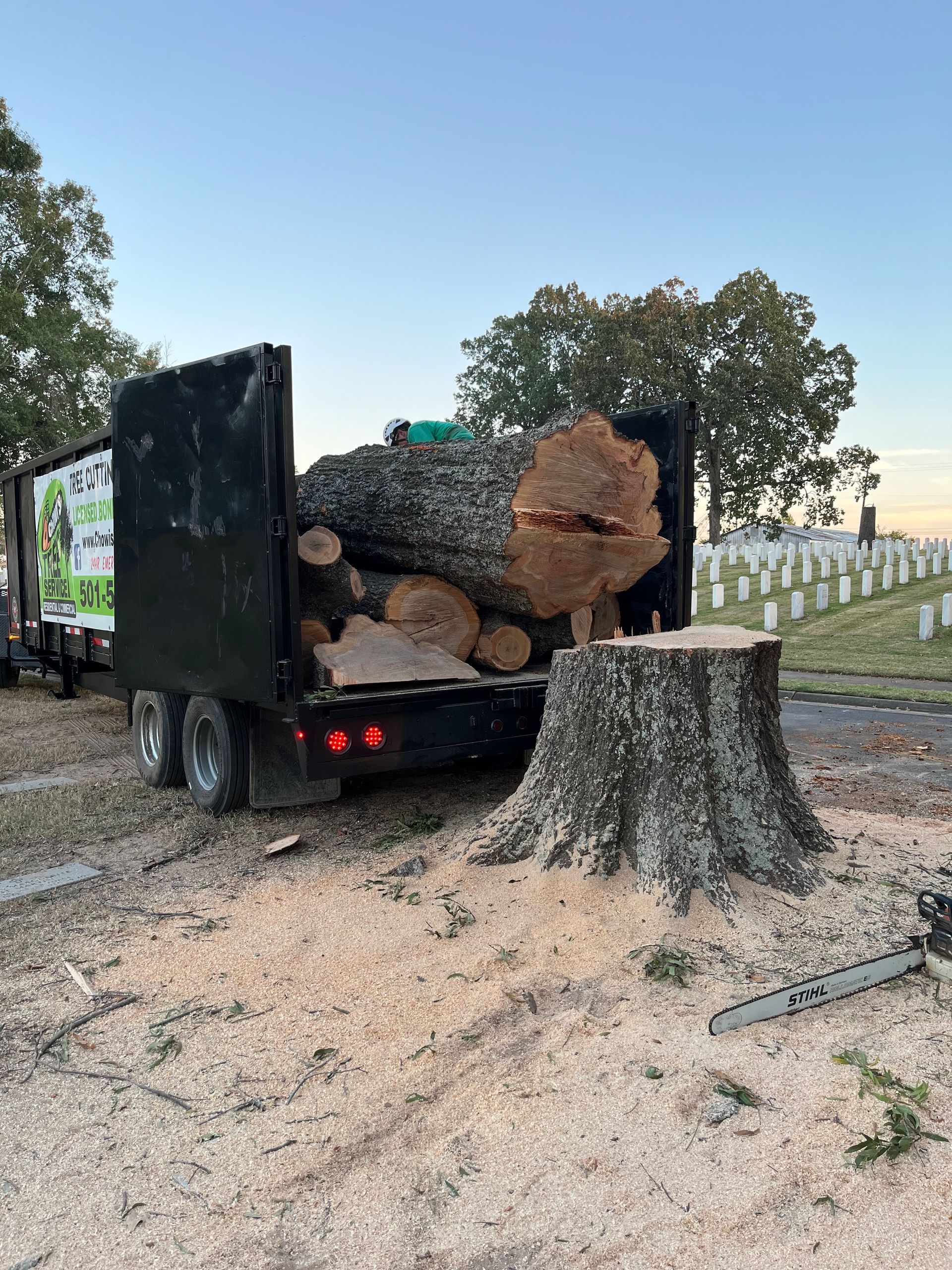A truck is carrying a pile of logs and a tree stump.