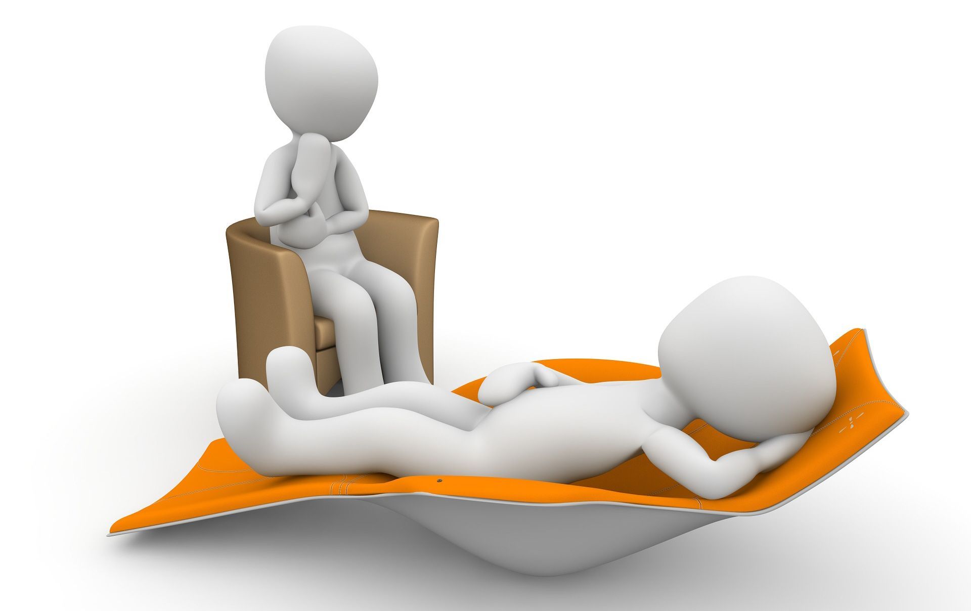 3D illustration of a figure sitting in a chair listening to another figure reclining on an orange couch, resembling a therapy session