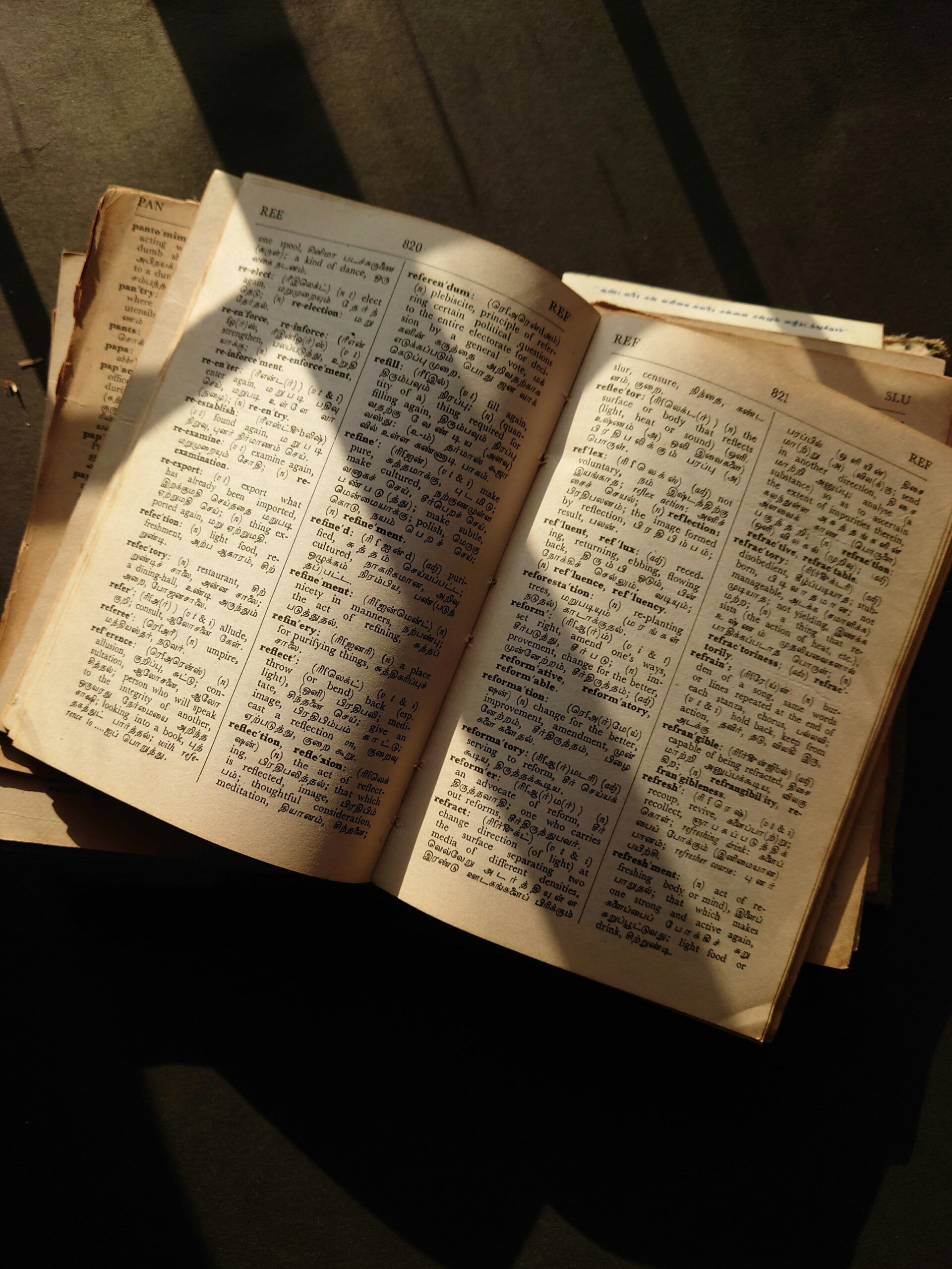 Open dictionary with sunlight and shadow casting across the pages.