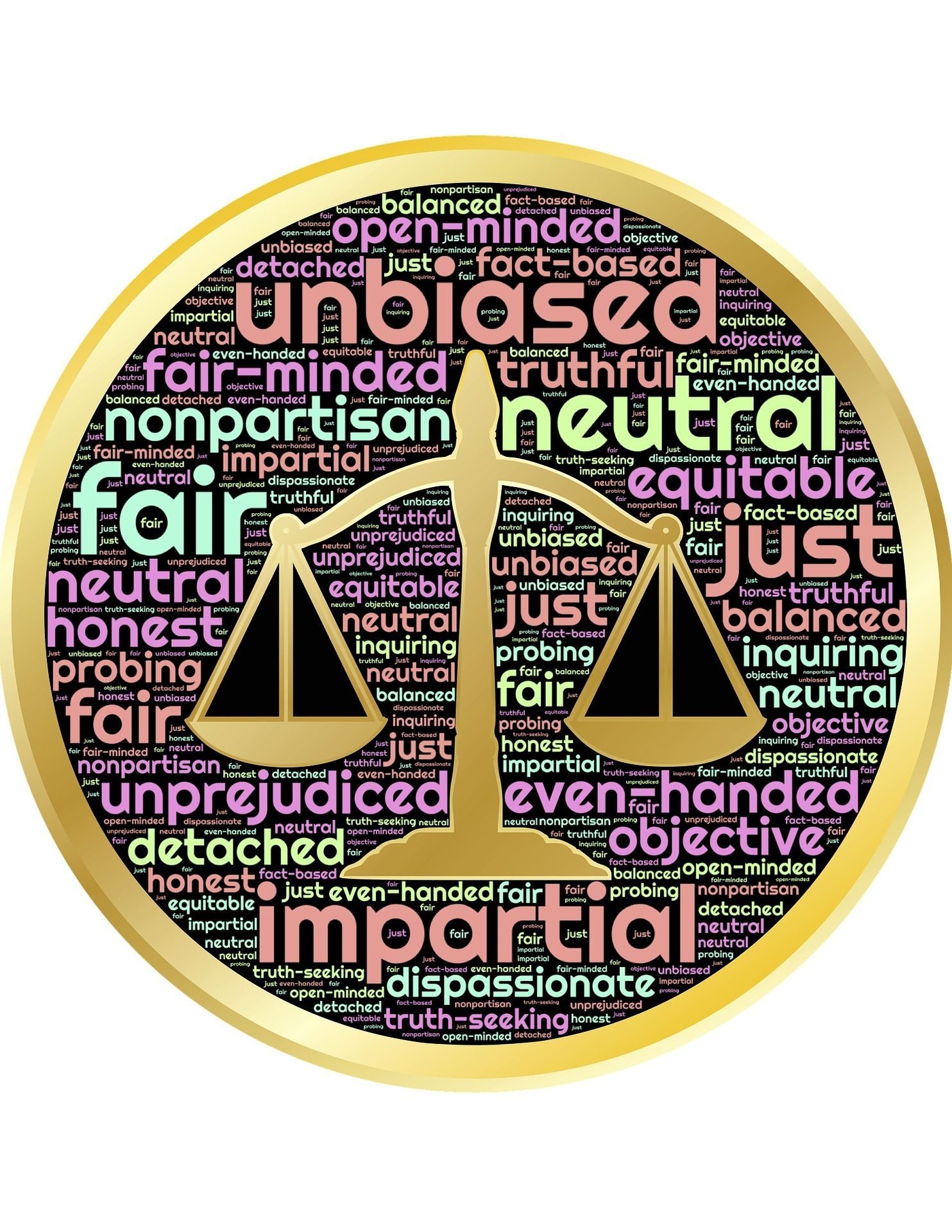 the scales of justice surrounded by supportive words