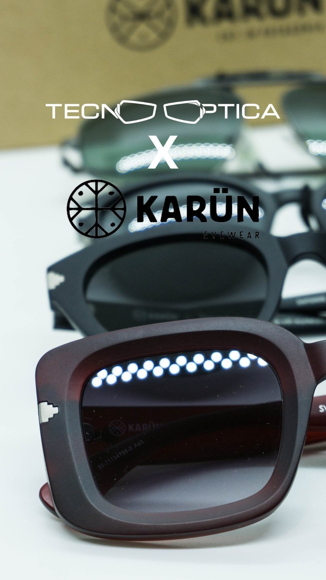 Gafas de sol de Tecnóptica x Karün en primer plano, con un par marrón en foco.