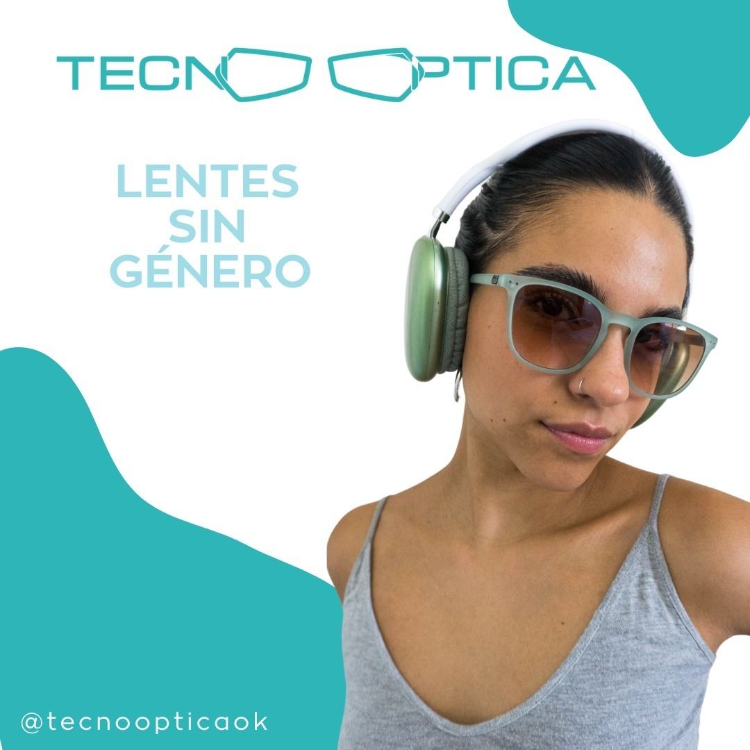 Mujer con gafas de sol y auriculares, fondo turquesa, texto