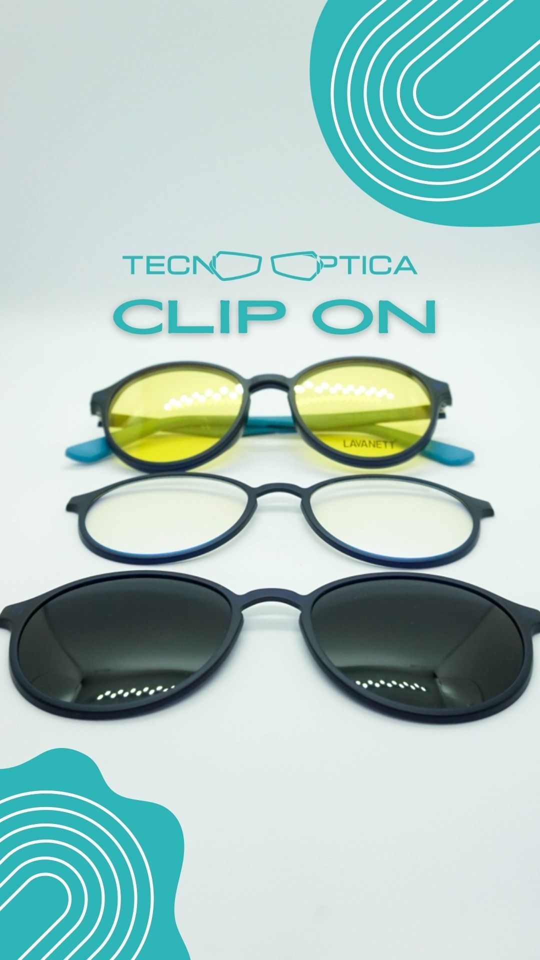 Tres pares de anteojos con lentes con clip en amarillo, transparente y negro, dispuestos verticalmente con un fondo verde azulado.