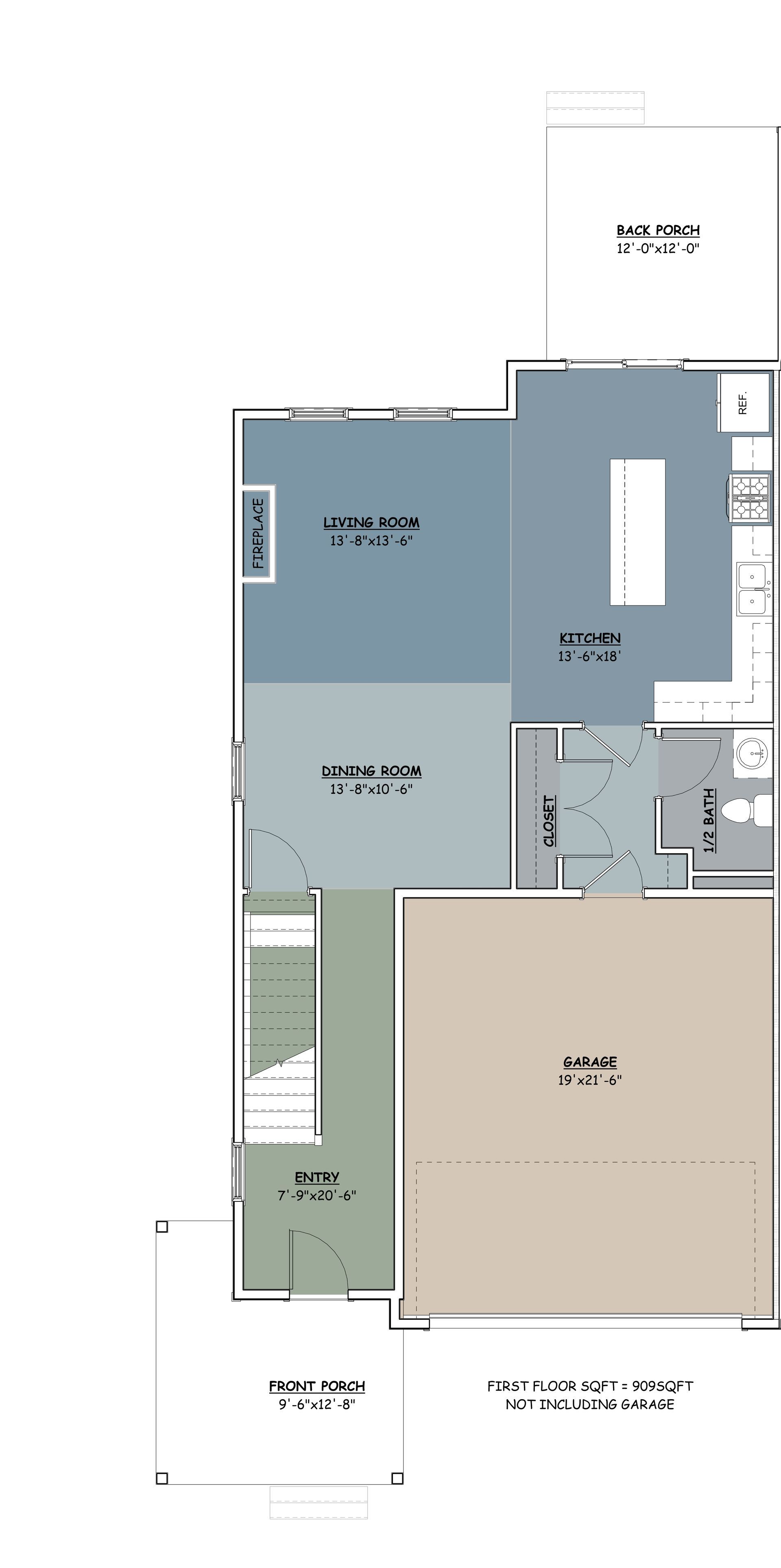 Floor plan of a house with various rooms labeled: kitchen, living, bathroom, and garage.