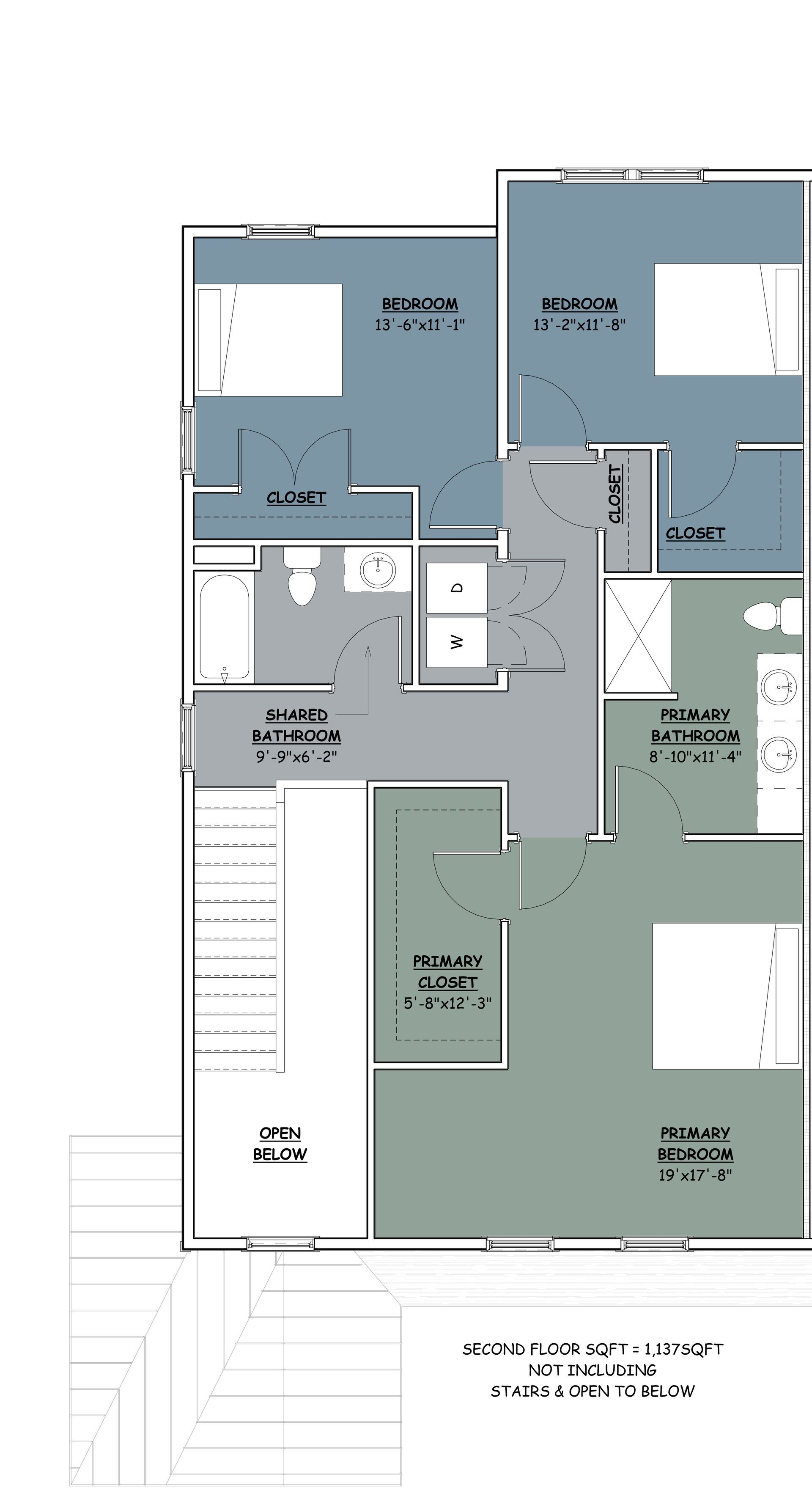 Second-floor plan of a house: bedrooms (blue), bathrooms, and living areas (green).