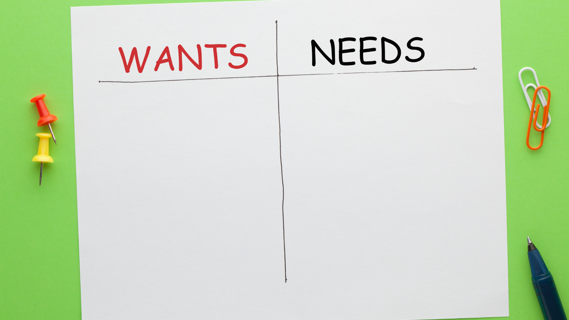 A piece of paper with the words wants and needs written on it.