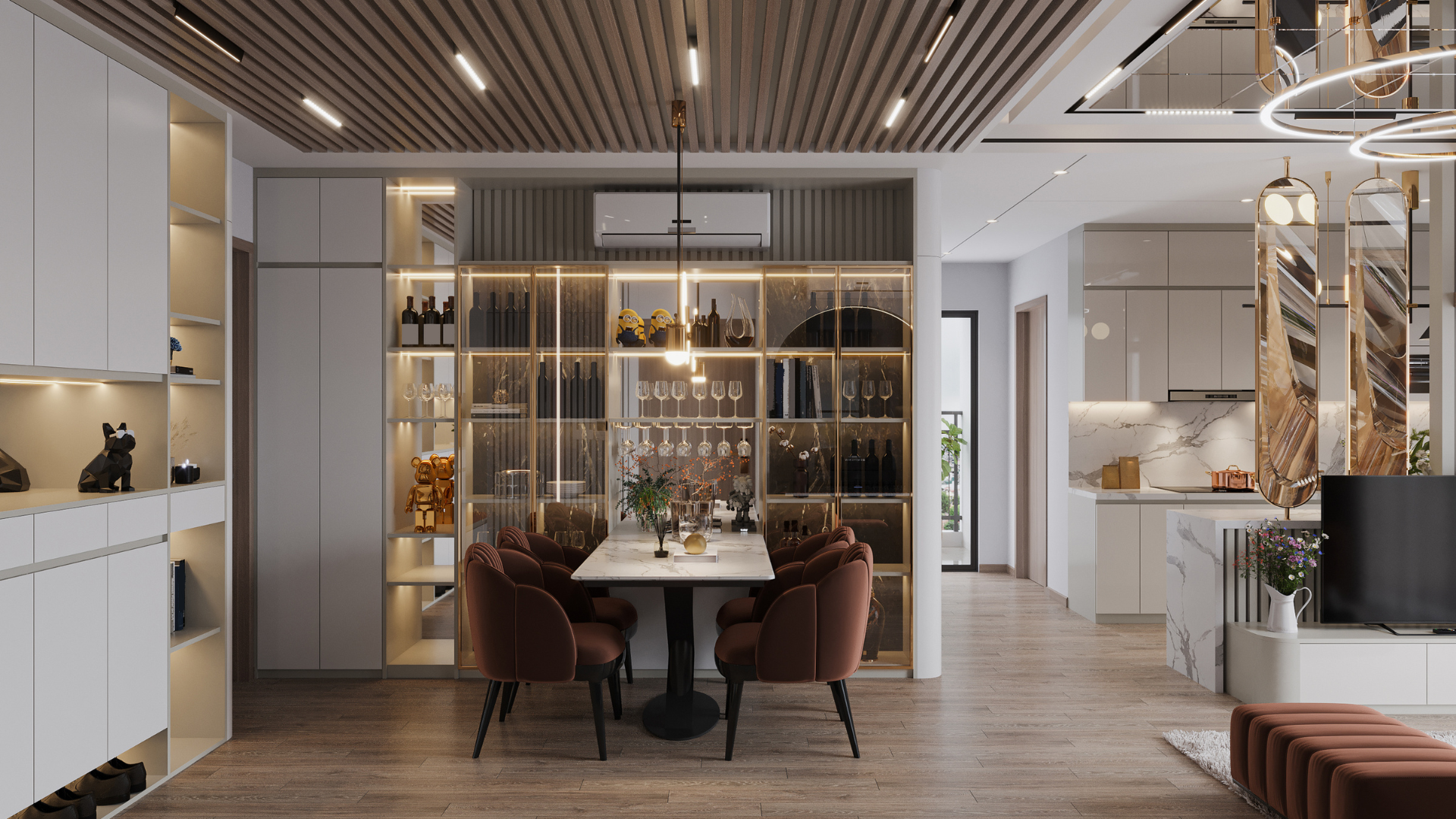 There is a table and chairs in the middle of the room.