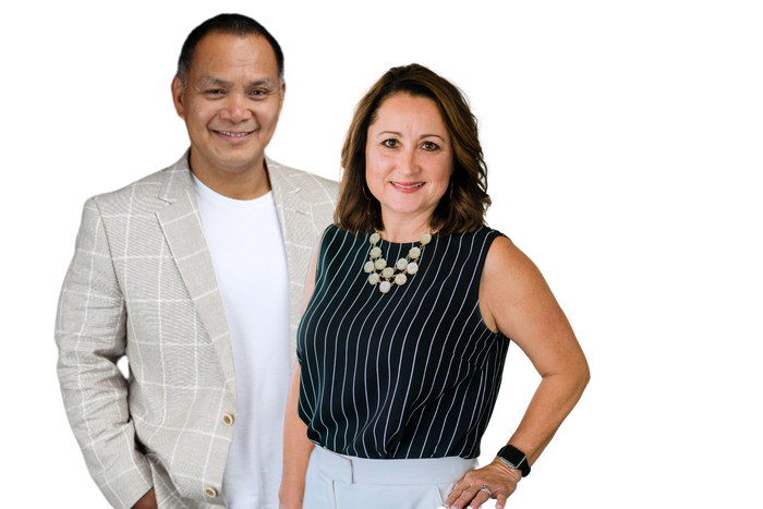 A man and a woman are standing next to each other on a white background.