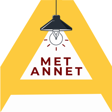 Logo met lamp en gele schaduw in A-vorm van Met Annet