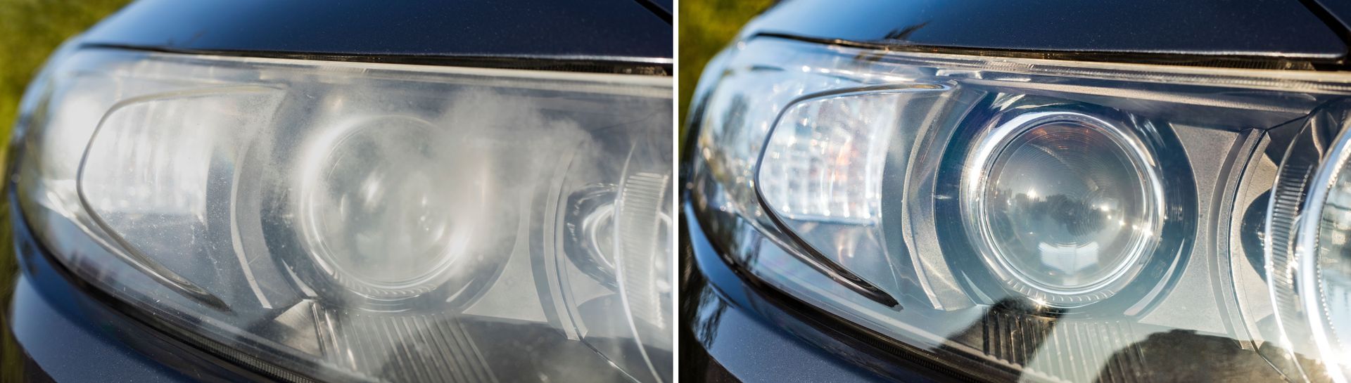 Up close detail before and after headlight restoration in AL