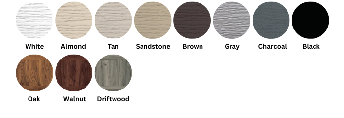 Color swatches: white, almond, tan, sandstone, brown, gray, charcoal, black, oak, walnut, and driftwood.