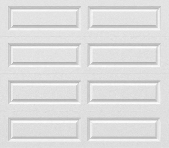 White garage door with eight rectangular raised panels.