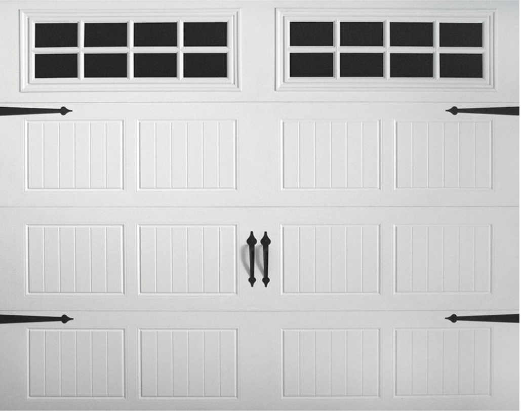 White carriage garage door with windows, black hardware.