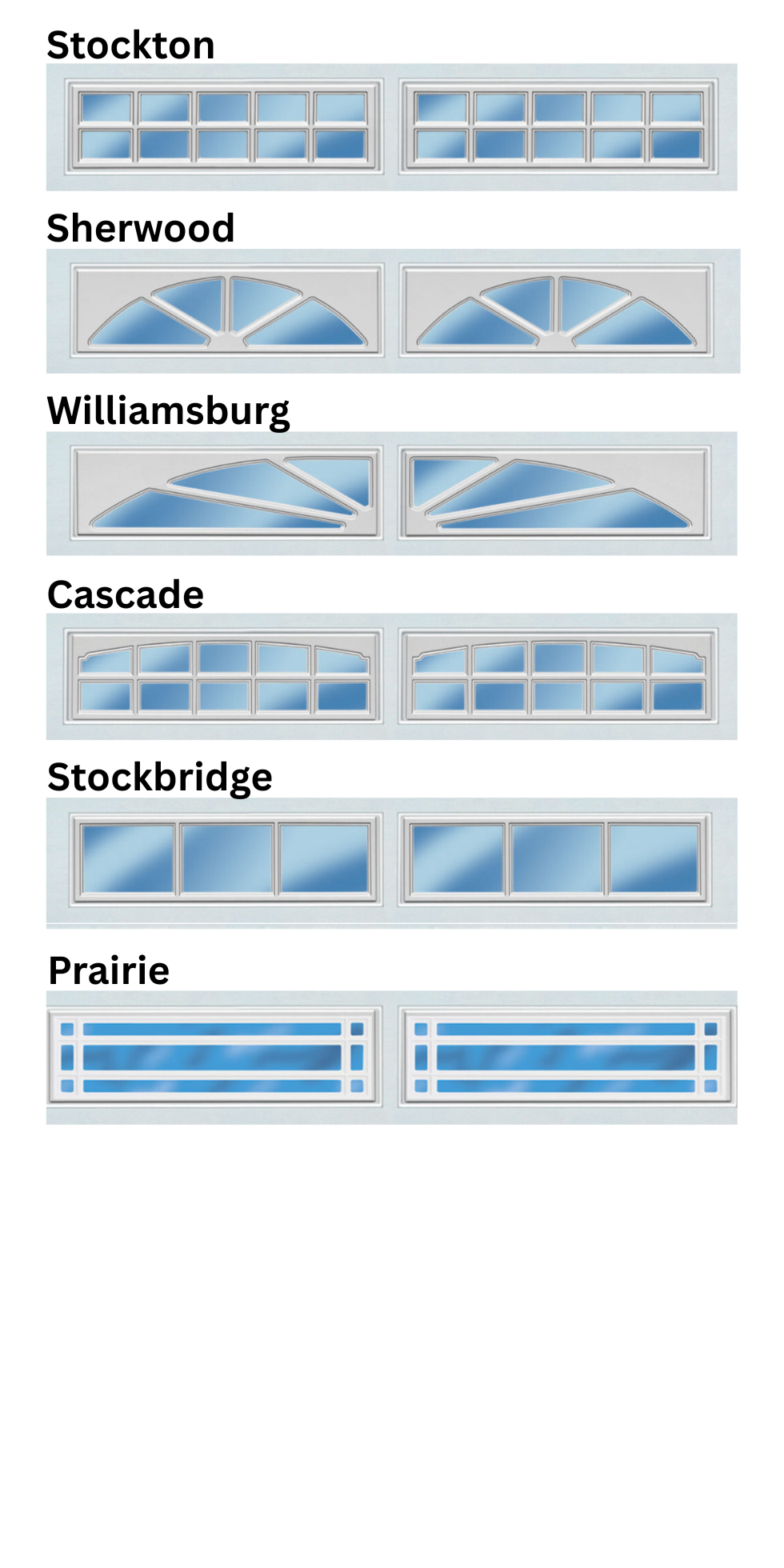 Window styles: Stockton, Sherwood, Williamsburg, Cascade, Stockbridge, Prairie.