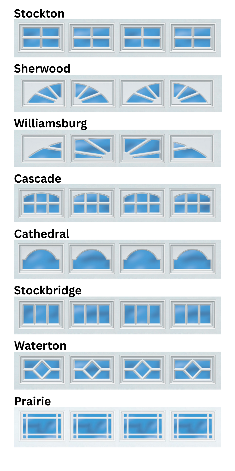 Window styles: Stockton, Sherwood, Williamsburg, Cascade, Cathedral, Stockbridge, Waterton, Prairie.