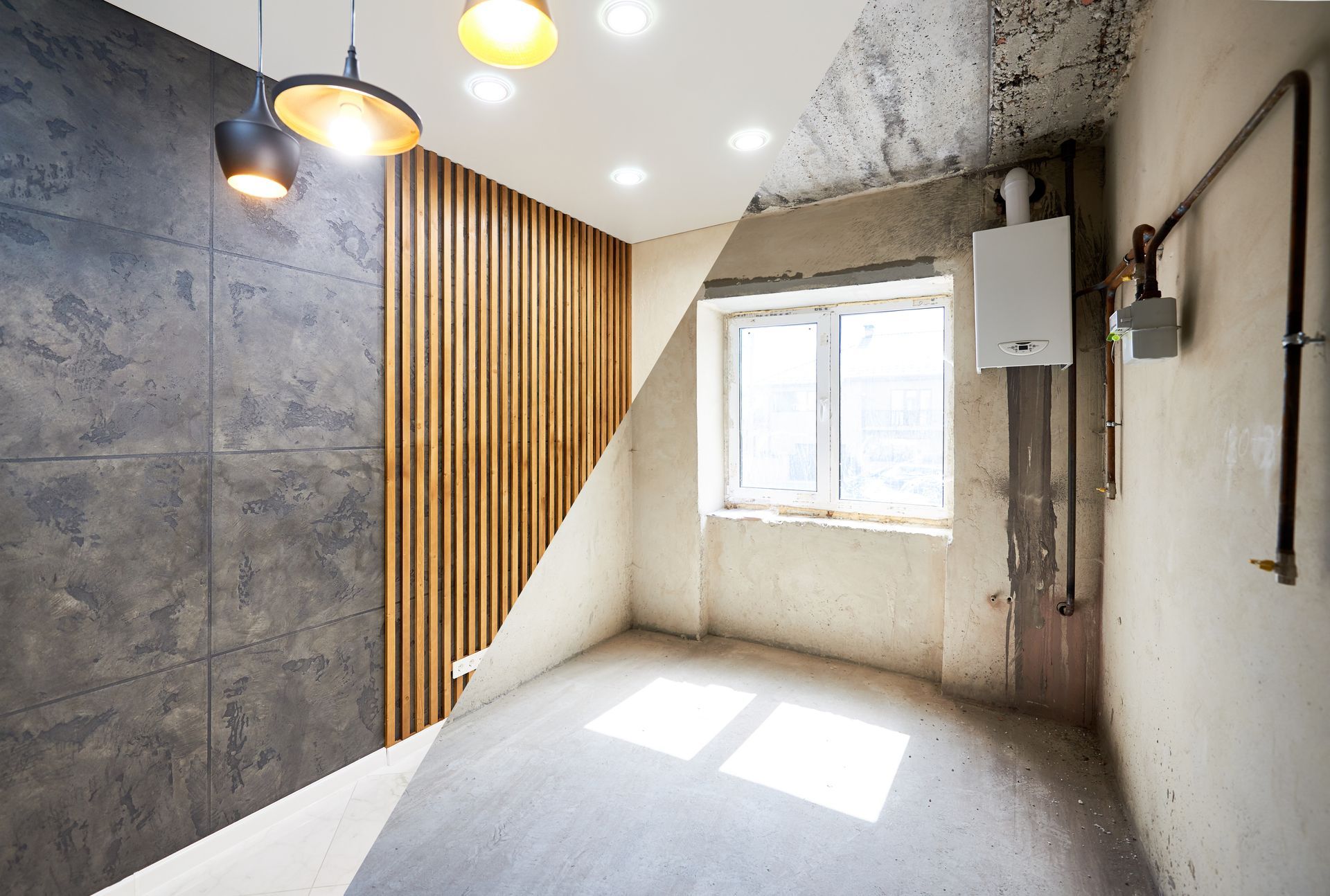 A before and after photo of a room with a boiler on the wall.