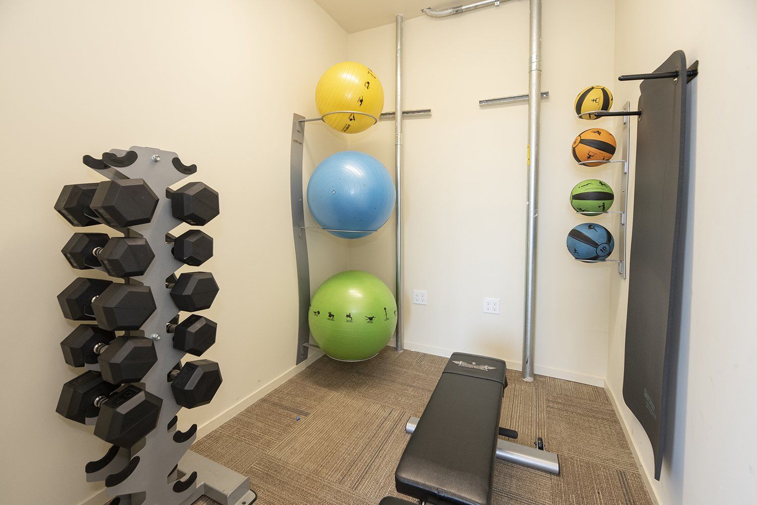 A small gym with a bench , dumbbells , balls and a mat.