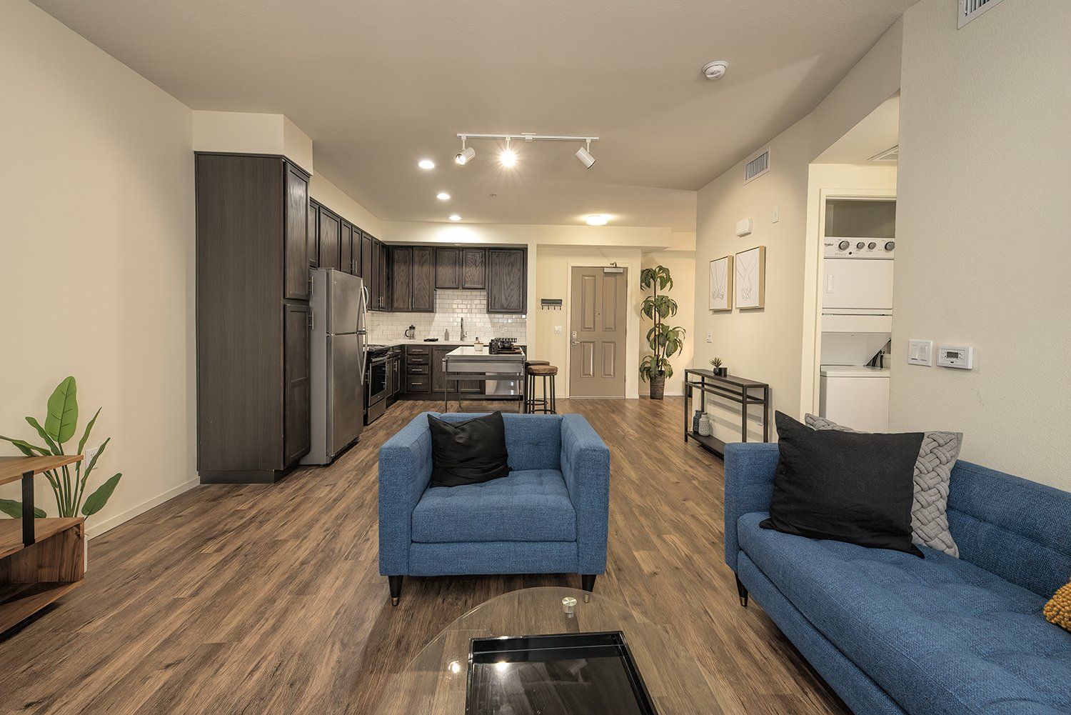 2 BR Apartments in El Cerrito, CA - Metro 510 - An interior shot of the living room with hardwood-style flooring and high ceilings
