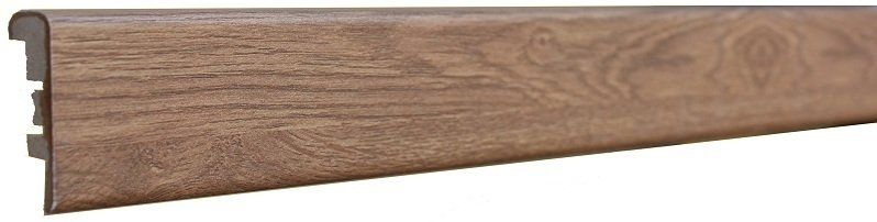 A wooden skirting board on a white background.