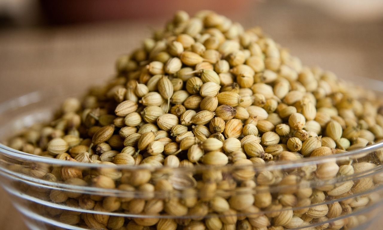 Pile of dried coriander seeds in a clear glass bowl.