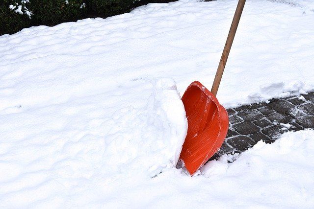 Red snow shovel full of snow on a snow-covered paved walkway.