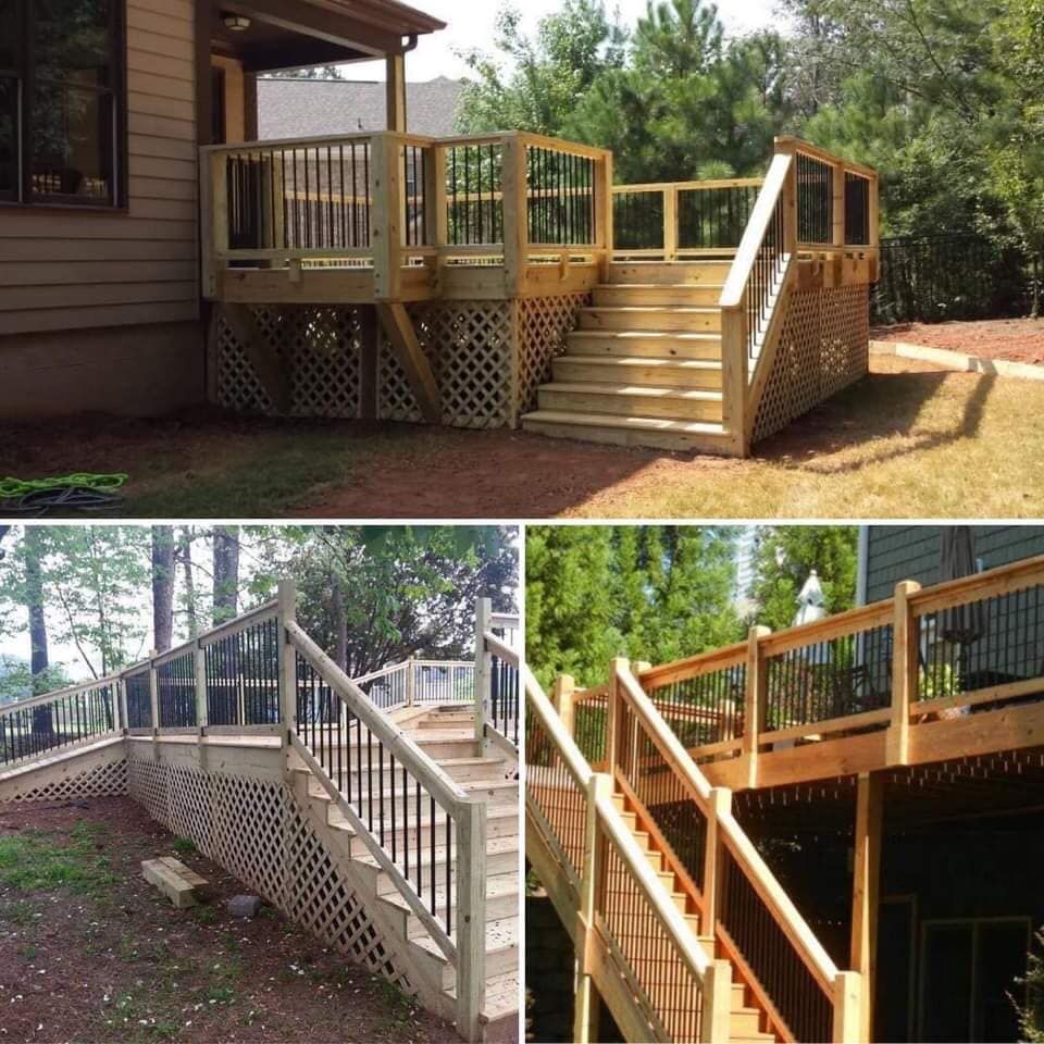 Wooden decks with stairs and railings, built outdoors, with latticework and glass panels.