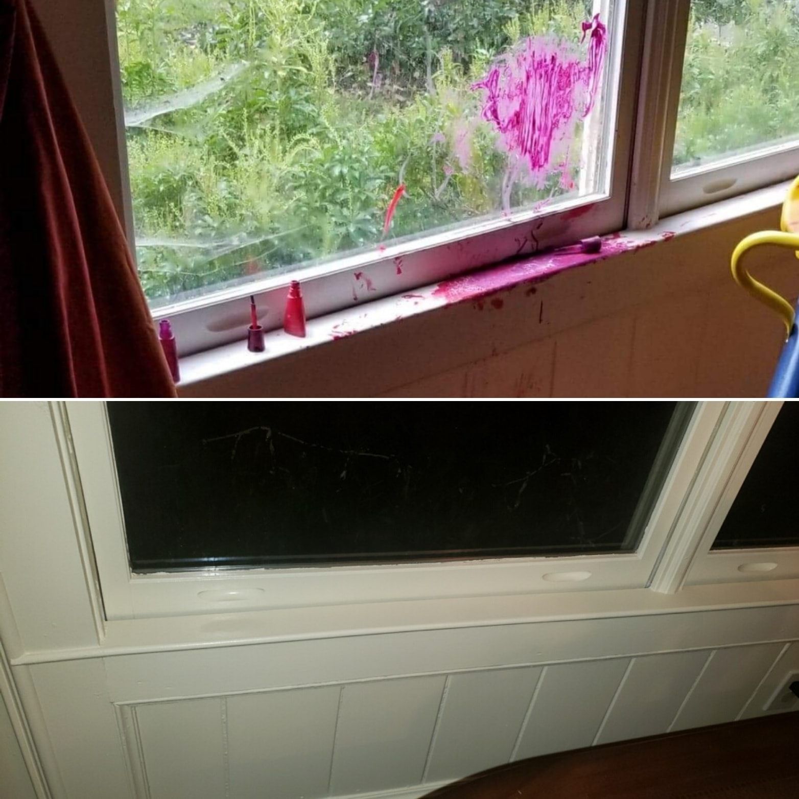 Top: Window with pink paint splatters. Bottom: Interior view of window, blacked out.