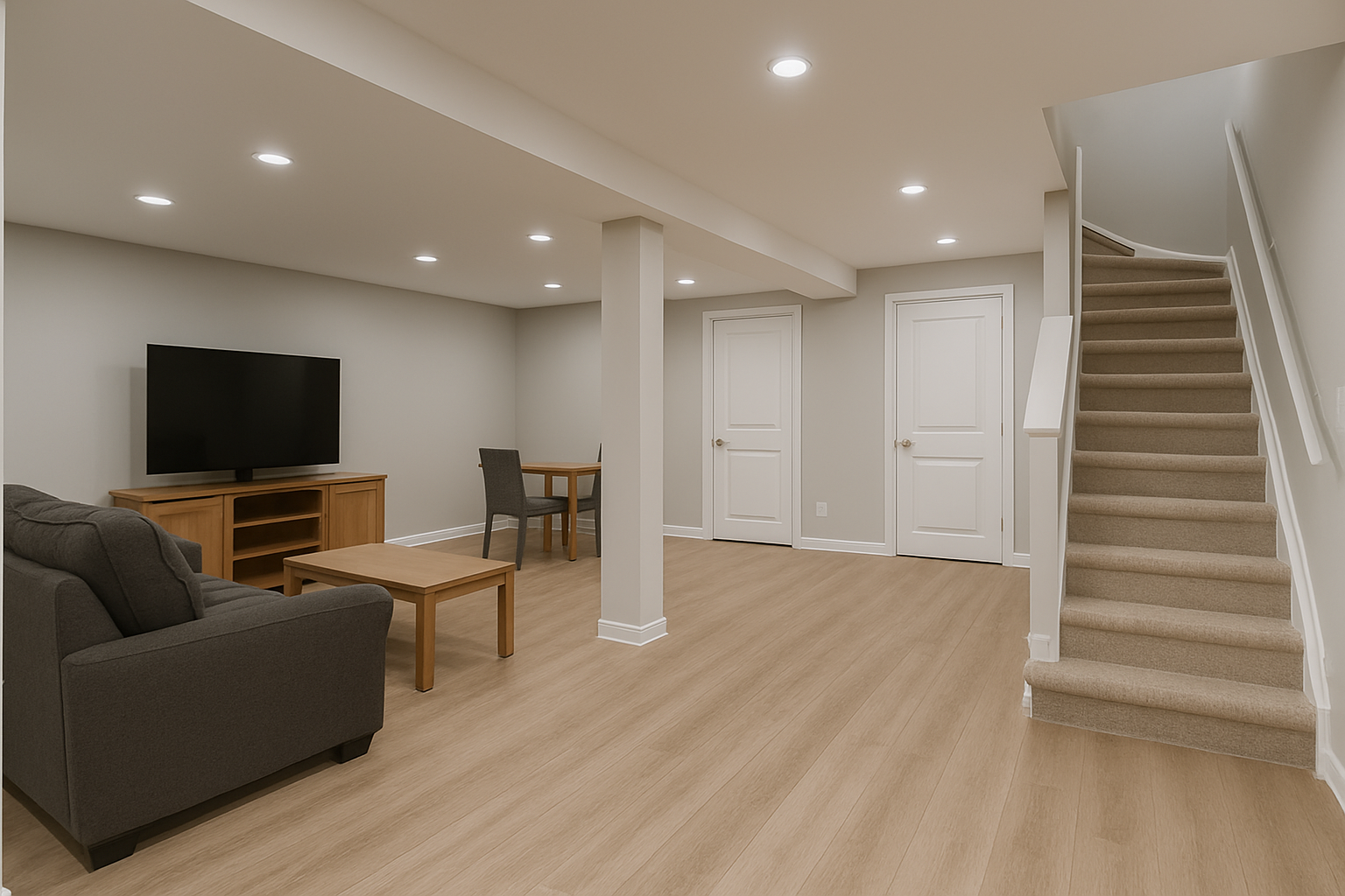 Finished basement with TV, sofa, table, and stairs. Light wood flooring.