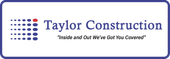 Logo for Taylor Construction: Blue and white rectangle with text and dot graphic.
