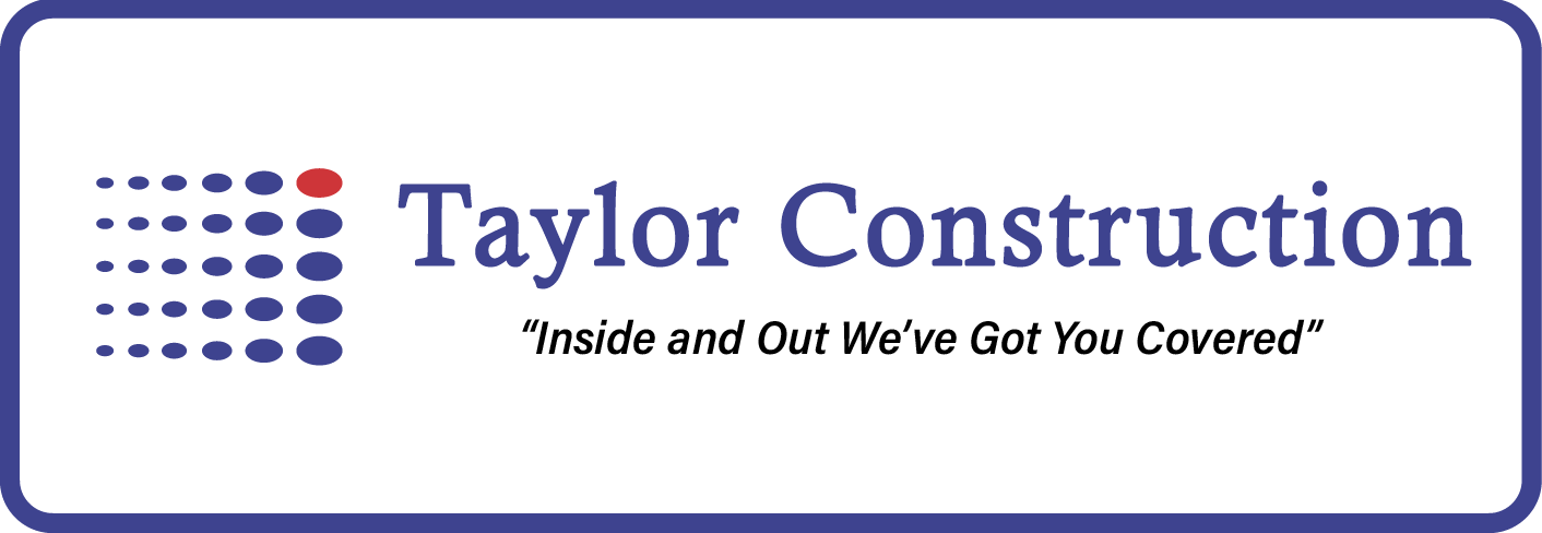 Logo for Taylor Construction: Blue and white rectangle with text and dot graphic.