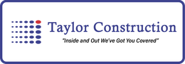 Logo for Taylor Construction: Blue and white rectangle with text and dot graphic.