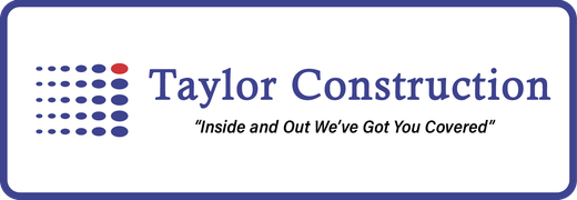 Logo for Taylor Construction: Blue and white rectangle with text and dot graphic.