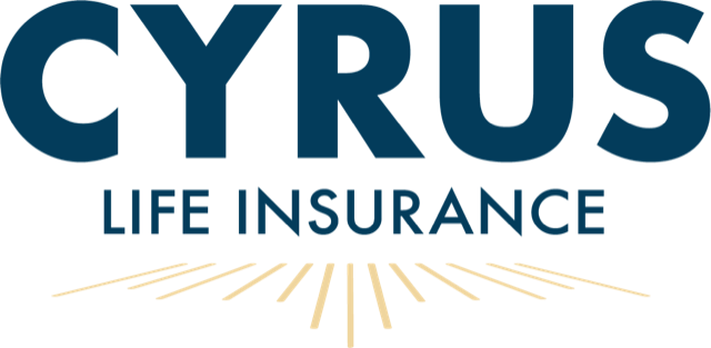 Cyrus Life Insurance company logo of bold text with yellow sun burst rays beneath