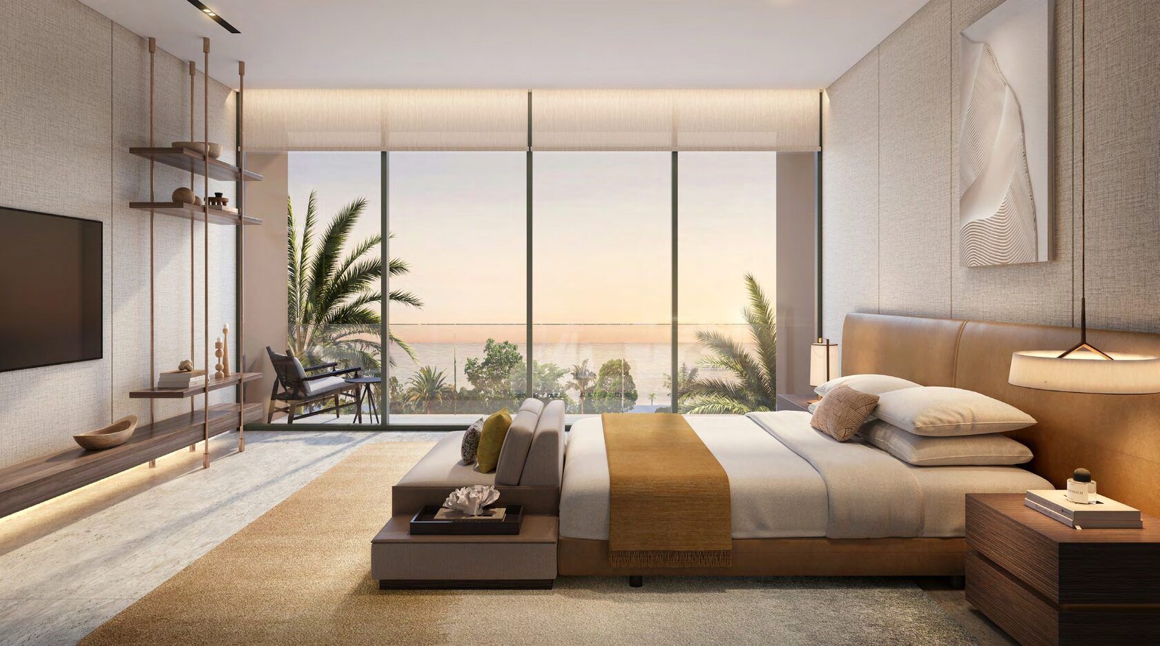 Luxury bedroom with ocean view, large windows, bed, seating area, neutral colors.