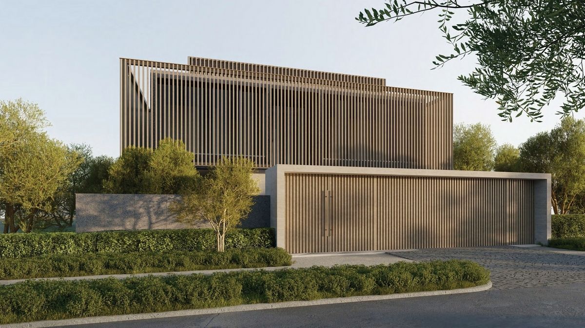 Modern home with wooden slatted facade and gated entrance.