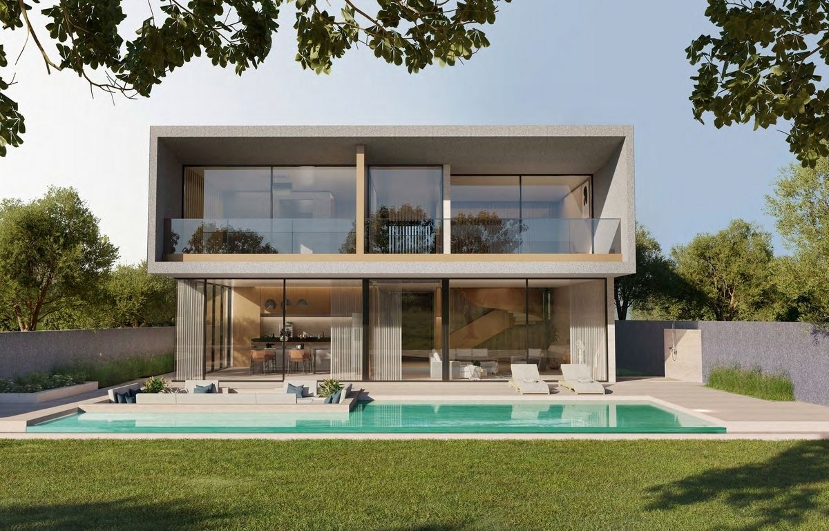 Modern two-story house with a pool. Concrete exterior, glass windows, and green lawn.