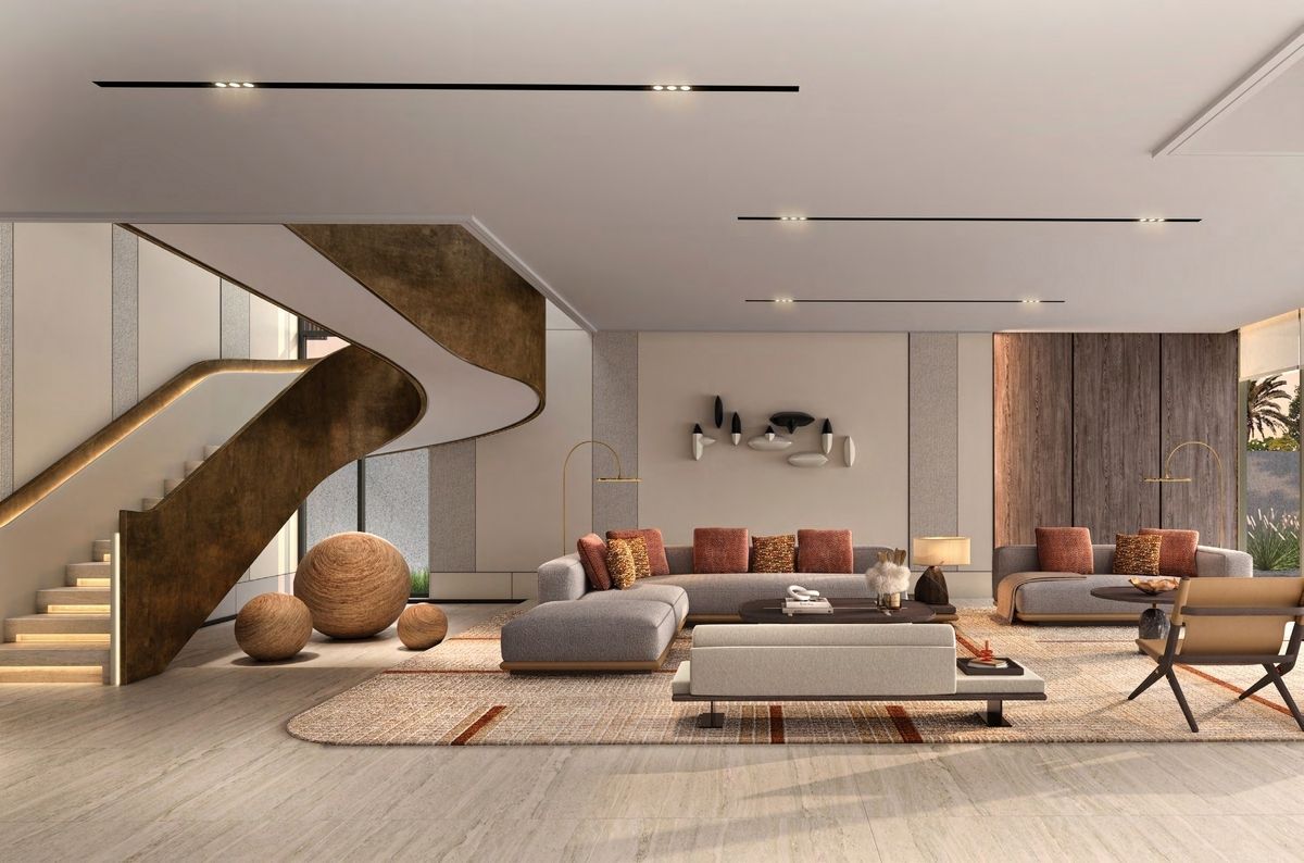 Modern living room with curved staircase, neutral colors, and contemporary furniture.