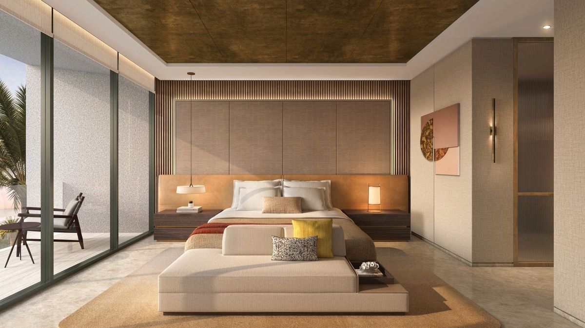 Luxurious bedroom with king bed, balcony, and modern decor in neutral tones.