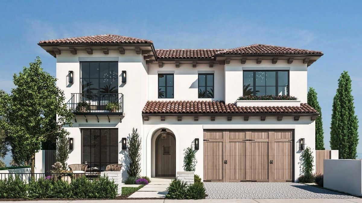 Two-story stucco home with a terracotta roof and wooden garage doors.